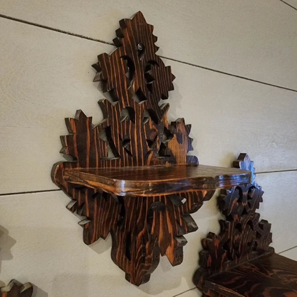 Set of three vintage hobby made plywood ornate scroll fretwork shelves